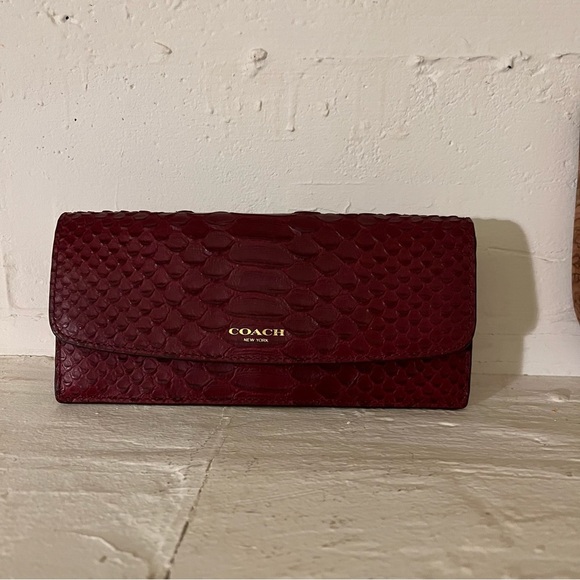 COACH Envelope Long Wallet Python Embossed Leather Red - Picture 1 of 5